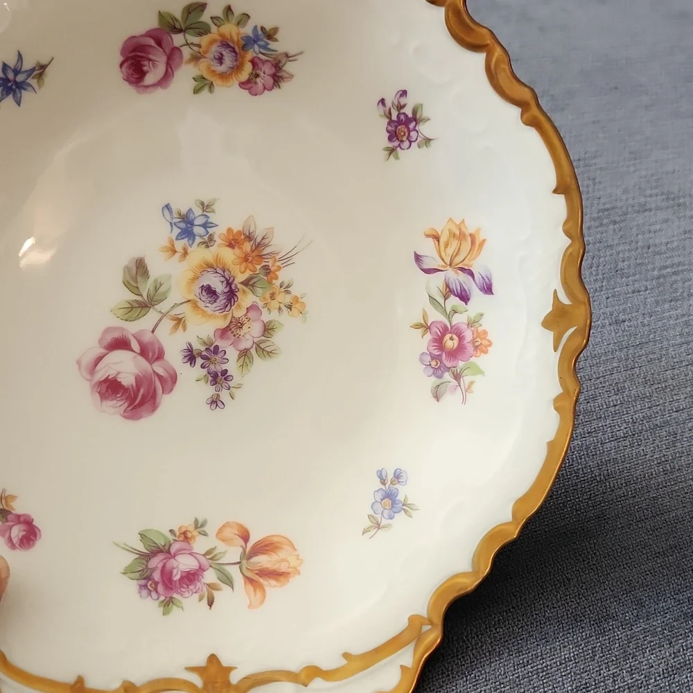 Vintage German Reichenbach Scalloped Gold Rim Floral Fruit Bowl